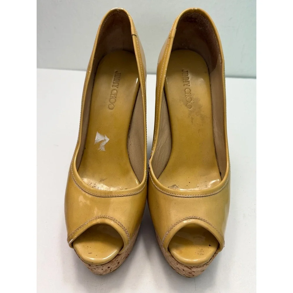Jimmy Choo Mustard Patent Leather Cork Platform Wedge‎ Peep Toe Pumps Italy